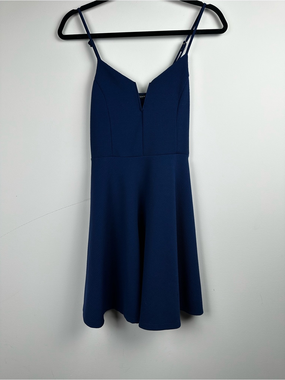 Navy Textured Fit-and-Flare Spaghetti Strap Dress